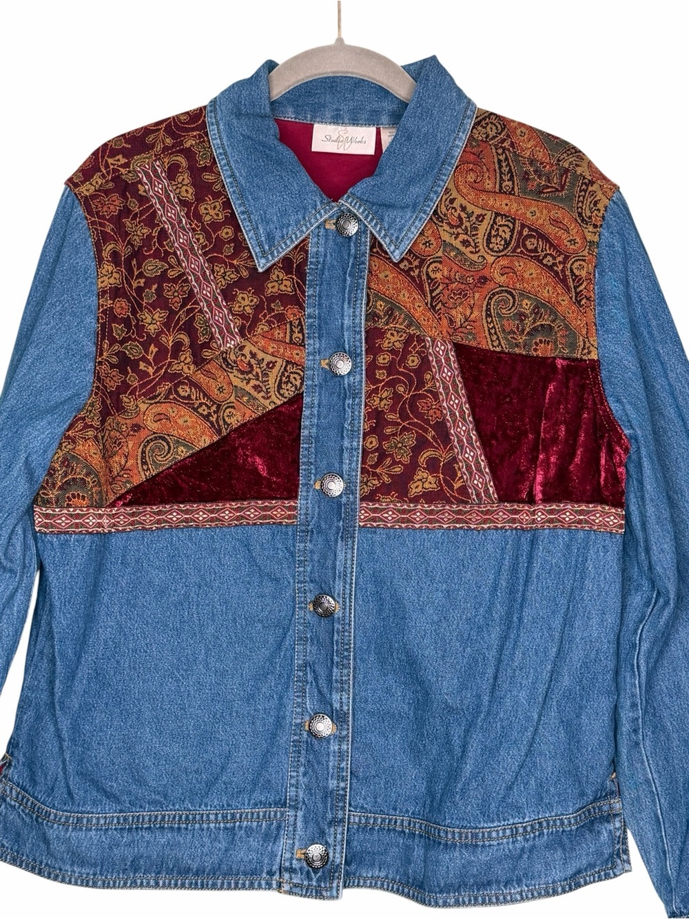 Studio Works Blue Denim Jacket with Burgundy Velvet & Paisley Patchwork Panels